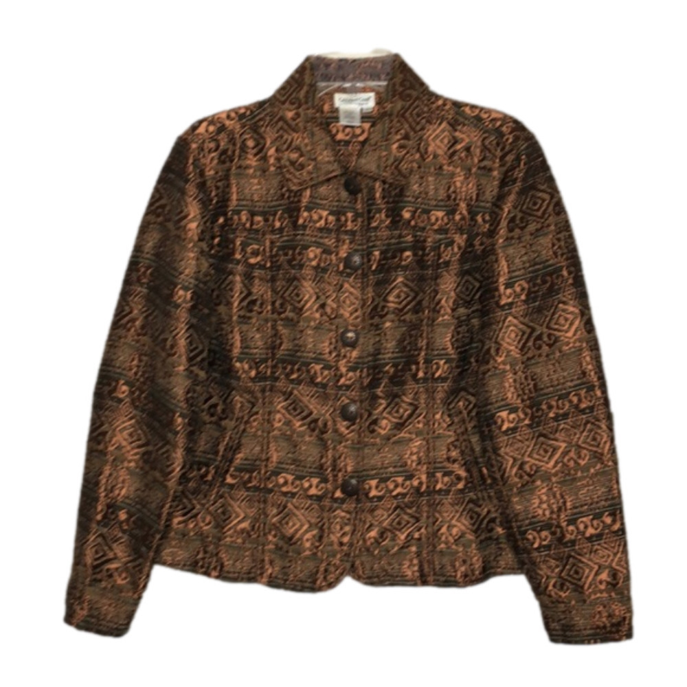 NEW - COLDWATER CREEK - Bronze & Brown Brocade Button Front Blazer - Size Medium
